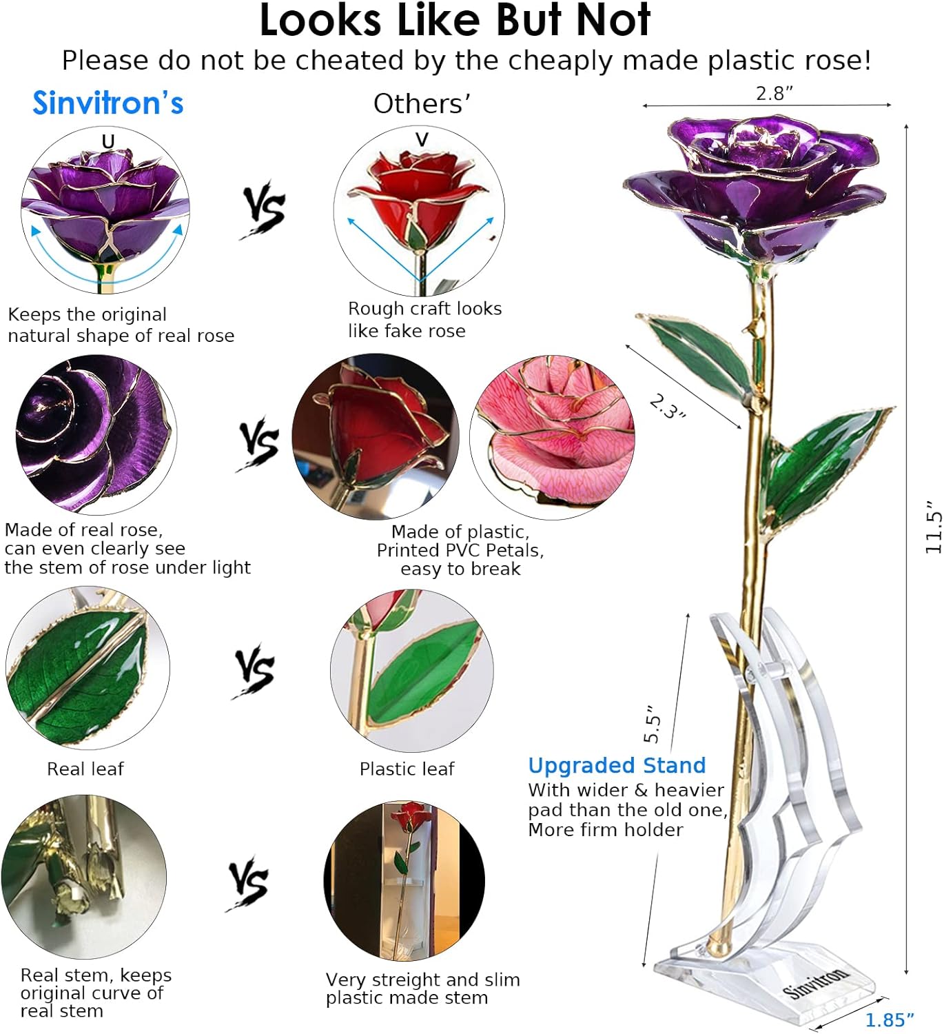Sinvitron Gold Dipped Rose 24K Real Rose, Long Stem Gold Plated Rose with Stand, Valentines Day Gifts for Her,Gifts for Mom,24K Golden Rose for Anniversary and Mothers Day, Birthday (Purple)