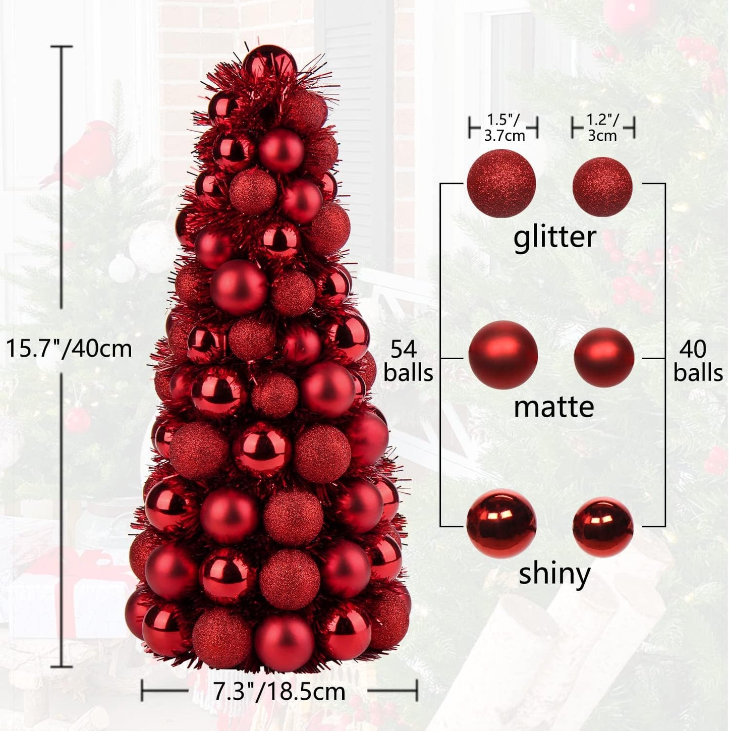 16" Small Tabletop Christmas Tree, Mini Xmas Tree with 94 Shatterproof Christmas Ornaments Balls for Christmas Decor Holiday Party Wedding Centerpiece -Red