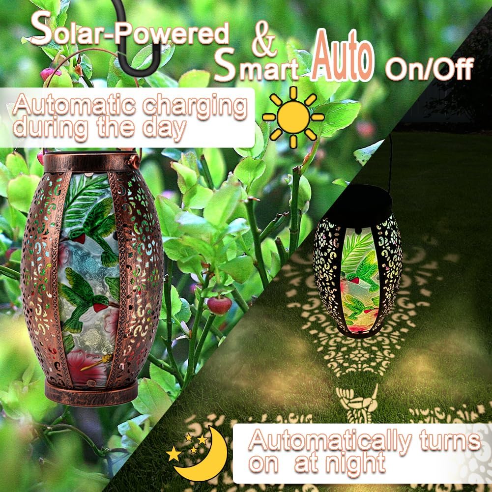 2PC Solar Lantern Outdoor Waterproof Glass & Metal Garden Decor Christmas Gifts for Women Mom Grandma Large Hanging Solar Light Tabletop Lamp for Yard, Patio, Porch (Hummingbird)