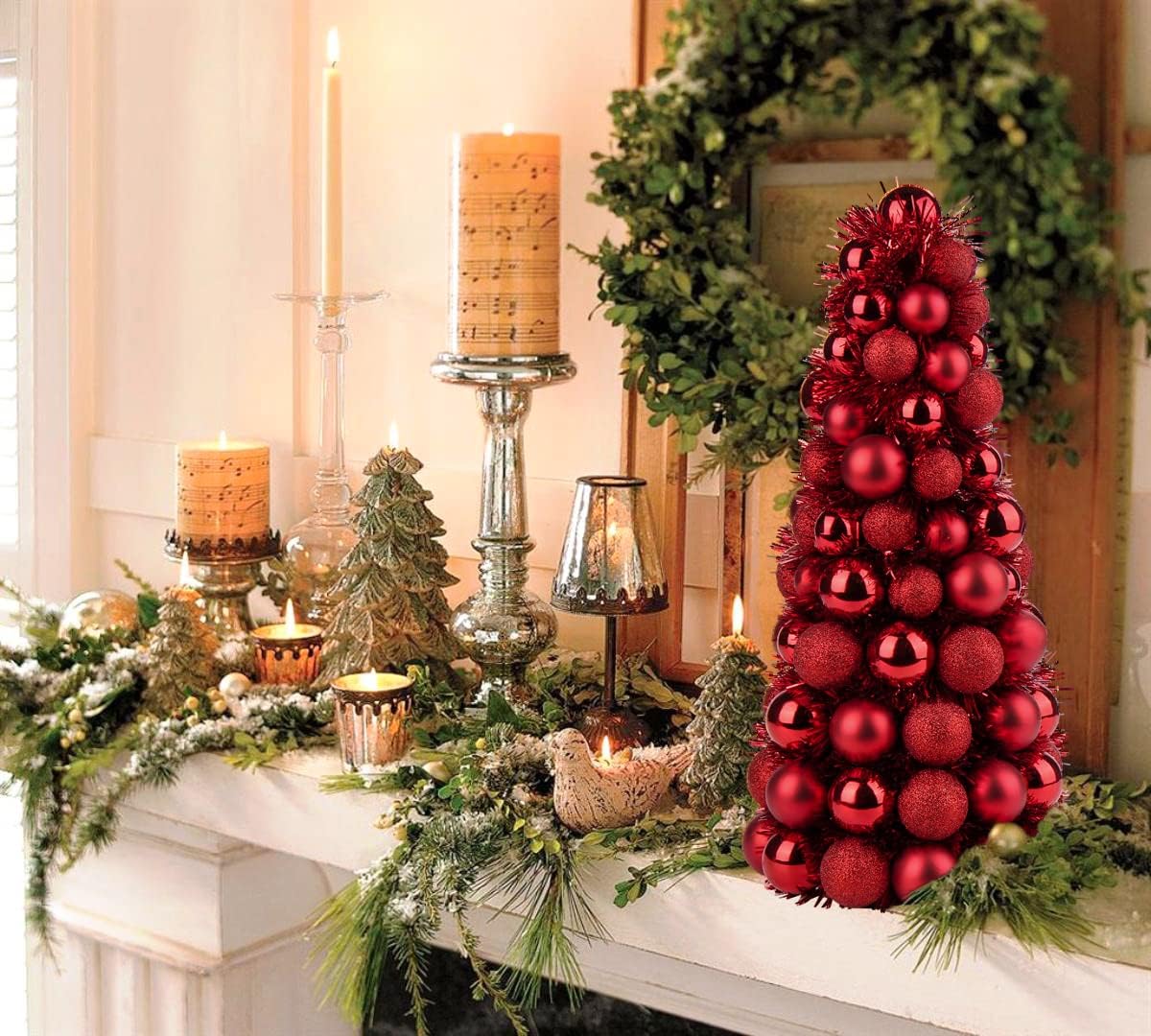 16" Small Tabletop Christmas Tree, Mini Xmas Tree with 94 Shatterproof Christmas Ornaments Balls for Christmas Decor Holiday Party Wedding Centerpiece -Red