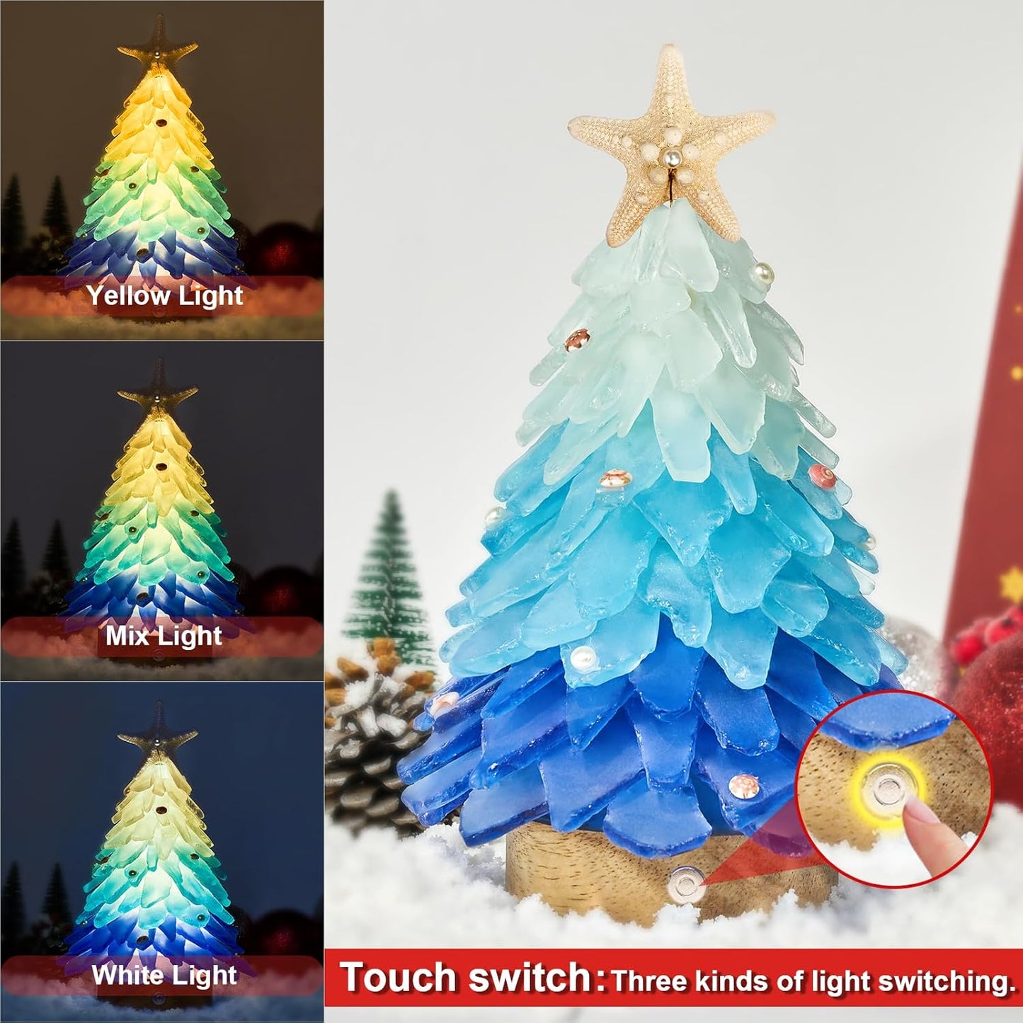 Sea Glass Christmas Tree - Handcrafted Mini Christmas Tree with LED Lights, Blue Gradient Color, Ideal for Christmas, New Year, Coastal Holiday Decor, Versatile Home Decor