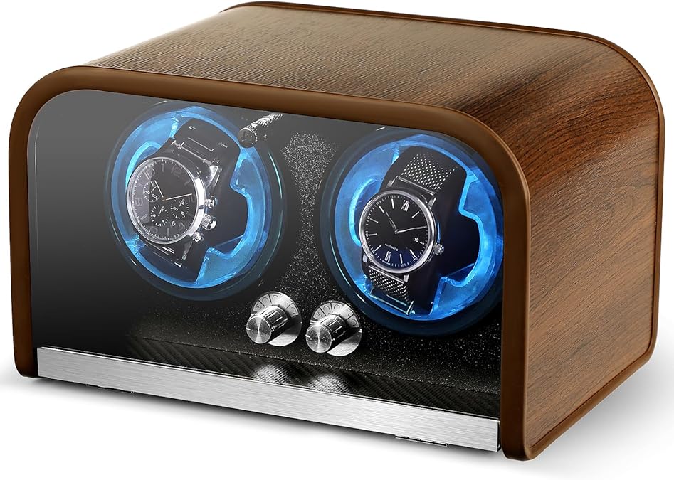 Watch Winder for Automatic Watches,Watch Winders Box for Rolex,Double Japanese Silent Motor, 4 Rotation Mode Setting, Blue Light, Plug-in or 2 * AA Batteries (not Included), Retro Style, Gift for Man