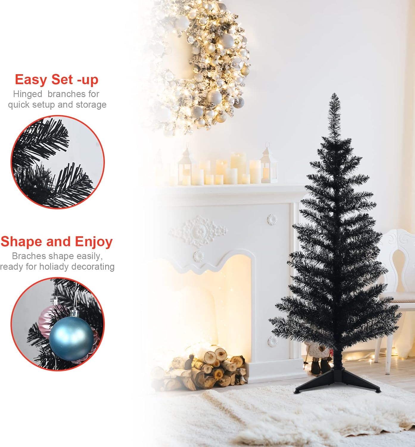 4FT Christmas Tree with Lights Pre-Lit, Halloween Black Christmas Tree, 50 Warm White Lights, Mini Tabletop Christmas Tree for Home, Shops and Holiday Decoration, Black Tinsel