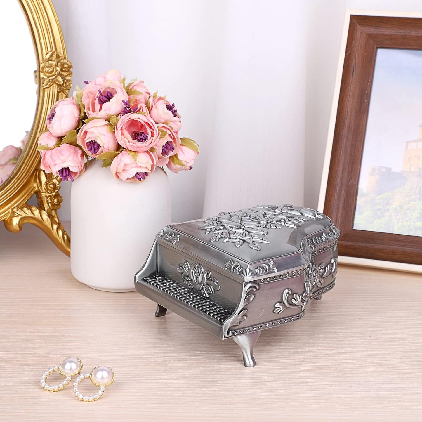 ELLDOO Vintage Piano Music Box, Silver Metal Wind Up Musical Jewelry Box Keepsake Box, Small Trinket Jewelry Storage Box Gift for Girl Women (Tune: You are My Sunshine)