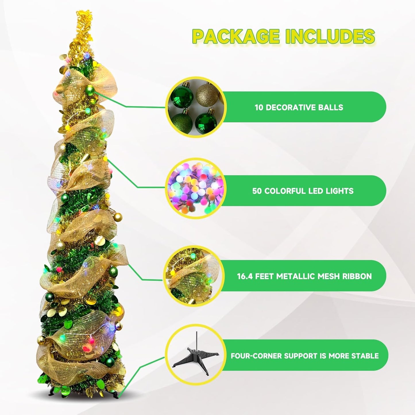 5FT Pop-Up Christmas Tree with 10-inch X 1.6 Feet Metallic Mesh Ribbon, Multi-Color 50 LED String Lights,10 Decorative Balls for DIY, Ideal for Indoor/Outdoor Christmas Decoration