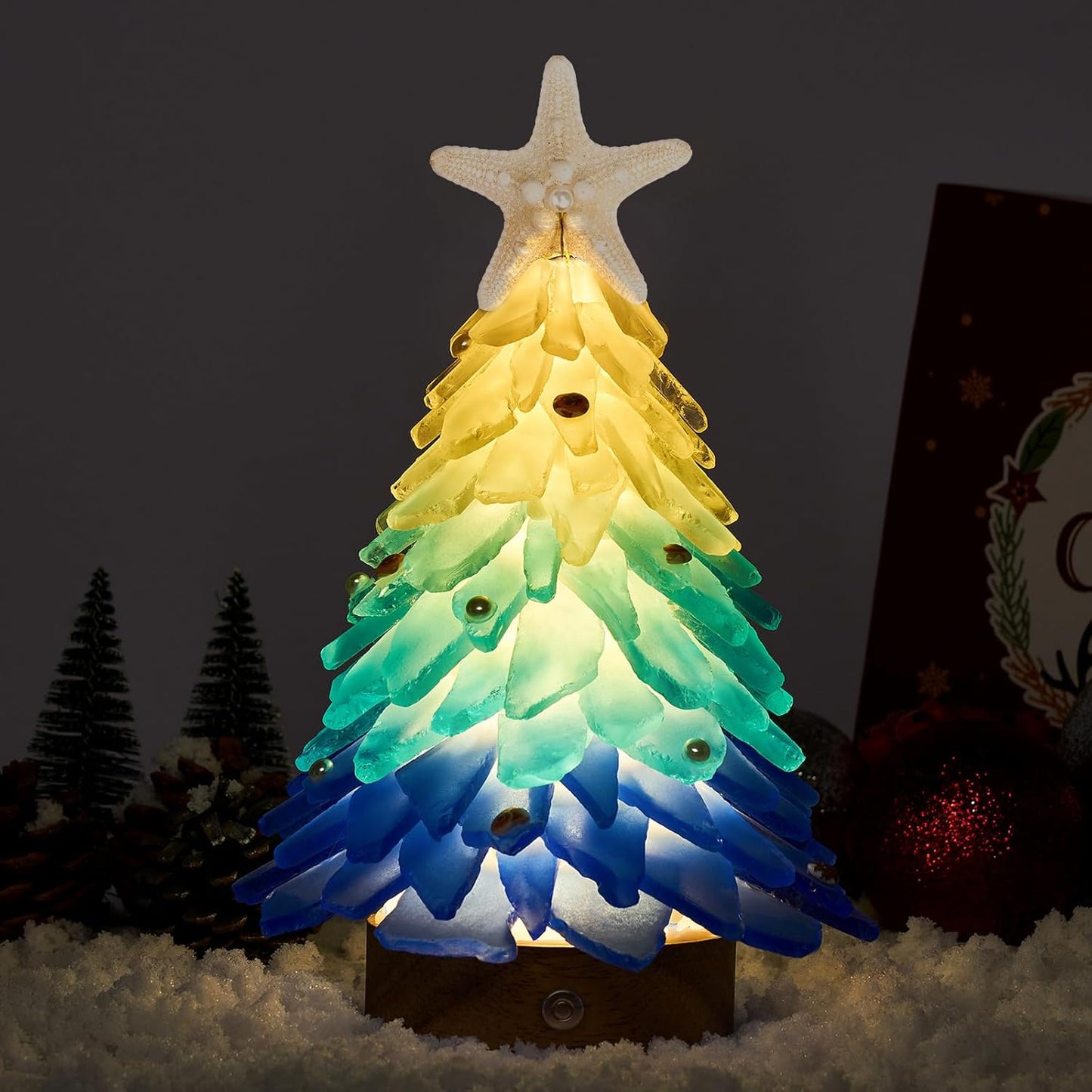 Sea Glass Christmas Tree - Handcrafted Mini Christmas Tree with LED Lights, Blue Gradient Color, Ideal for Christmas, New Year, Coastal Holiday Decor, Versatile Home Decor