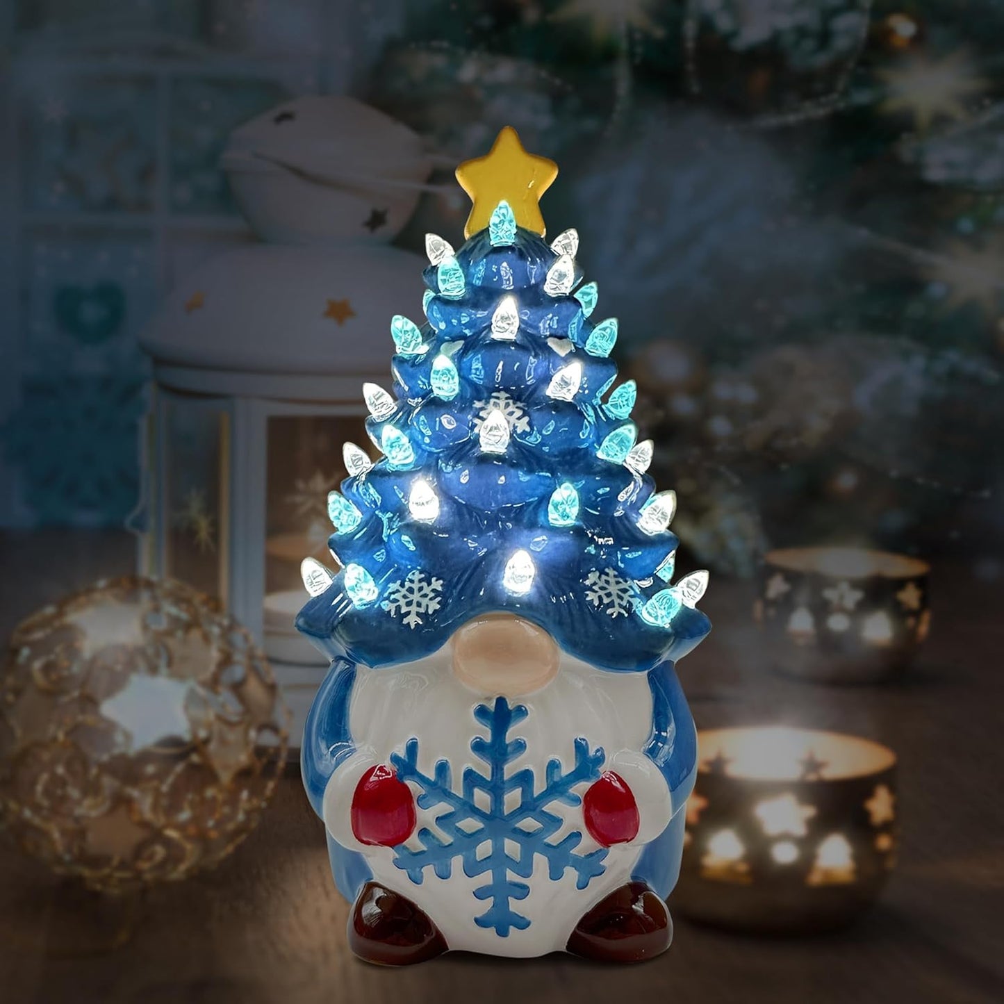 Ceramic Christmas Tree, Christmas Decorations for Indoor Home Table, Blue Gnome Christmas Decorations, Small Christmas Tree with Lights, Ceramic Winter Holidays Decor