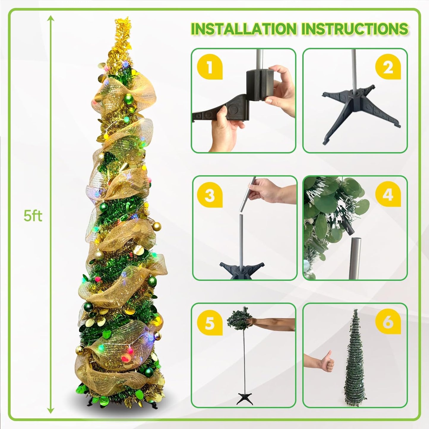 5FT Pop-Up Christmas Tree with 10-inch X 1.6 Feet Metallic Mesh Ribbon, Multi-Color 50 LED String Lights,10 Decorative Balls for DIY, Ideal for Indoor/Outdoor Christmas Decoration