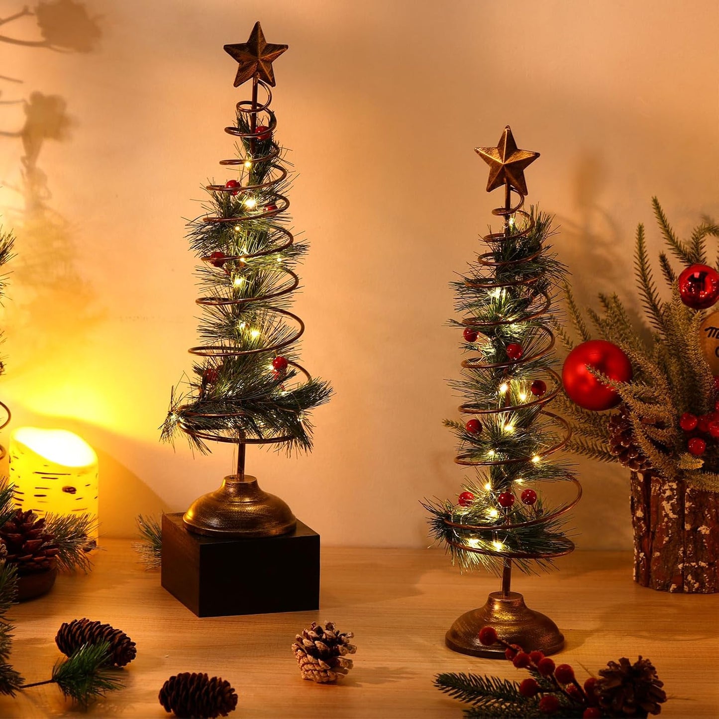 Set of 2 Lighted Christmas Tree Table Decoration with Golden Star Spiral Battery Operated Tabletop Prelit Mini Xmas Tree with LED Light up Desk Ornament for Home Mantel Room (Natural Style)