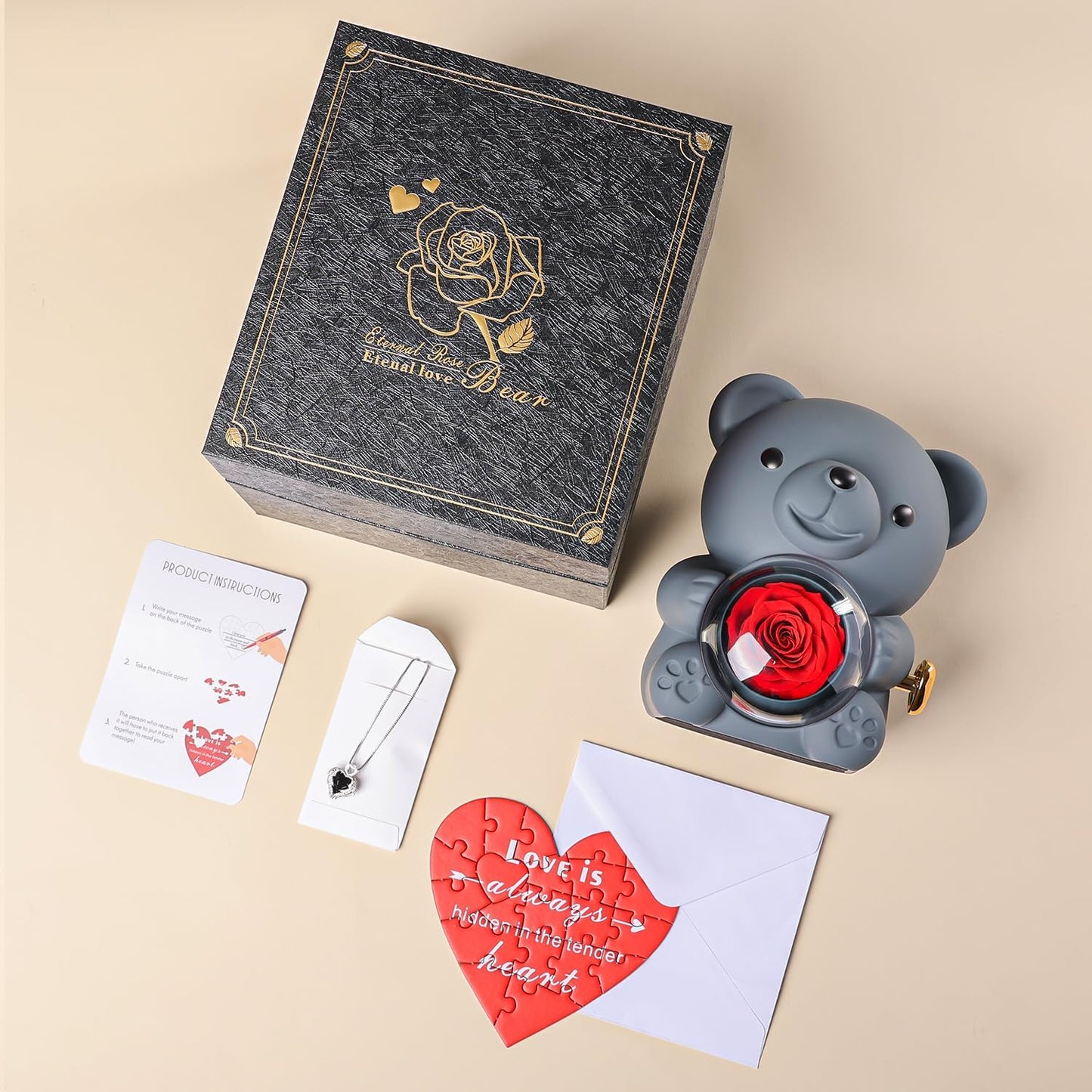 Cute Teddy Bear with Preserved Rose - A Real Rose Flower in Bear with Elegant Gift Box - Romantic Gift for Her in Valentine's Day, Mother's Day, Weddings, Anniversaries, and Bridal Showers (Grey)