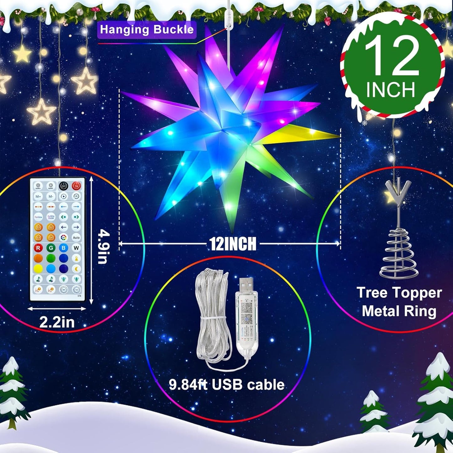 Christmas Star Tree Topper, 13Inch Smart Lighted Treetop Christmas Tree Decorations, Bluetooth App Control Music Sync Color Changing LED Christmas Light with Remote, Indoor and Outdoor