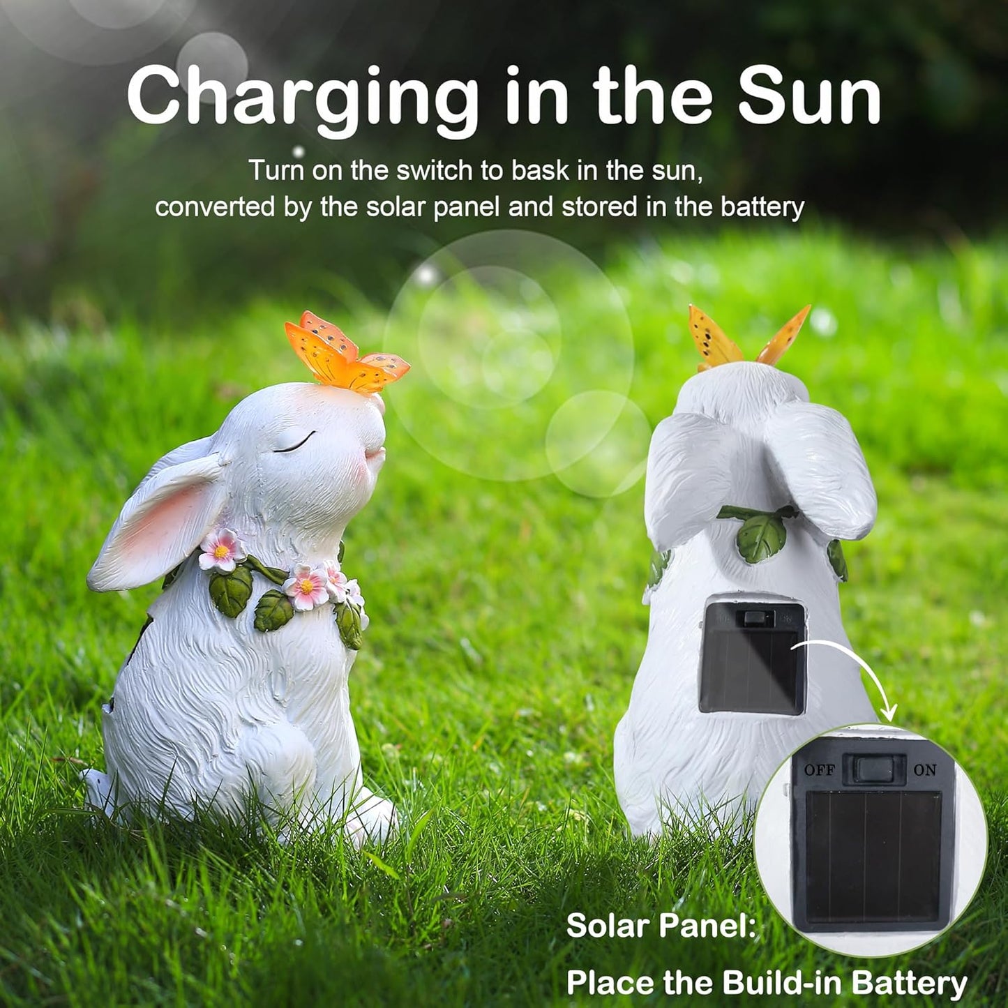 Attivolife Garden Solar Outdoor Statues Rabbit Light, Patio Decor Easter Bunny with Butterfly Ornament for Lawn Balcony Yard Art Decoration, for Mom Grandma