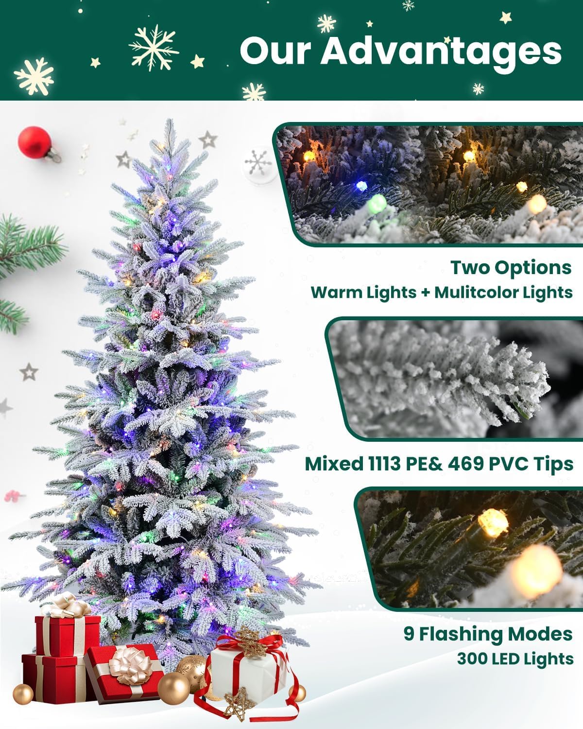 Artificial Christmas Tree with Lights - Leheyhey 6ft Flocked Christmas Tree Prelit - Halloween Christmas Tree for Home Office Store, Holiday Decoration - 1582 PE & PVC Mixed Branch Tips