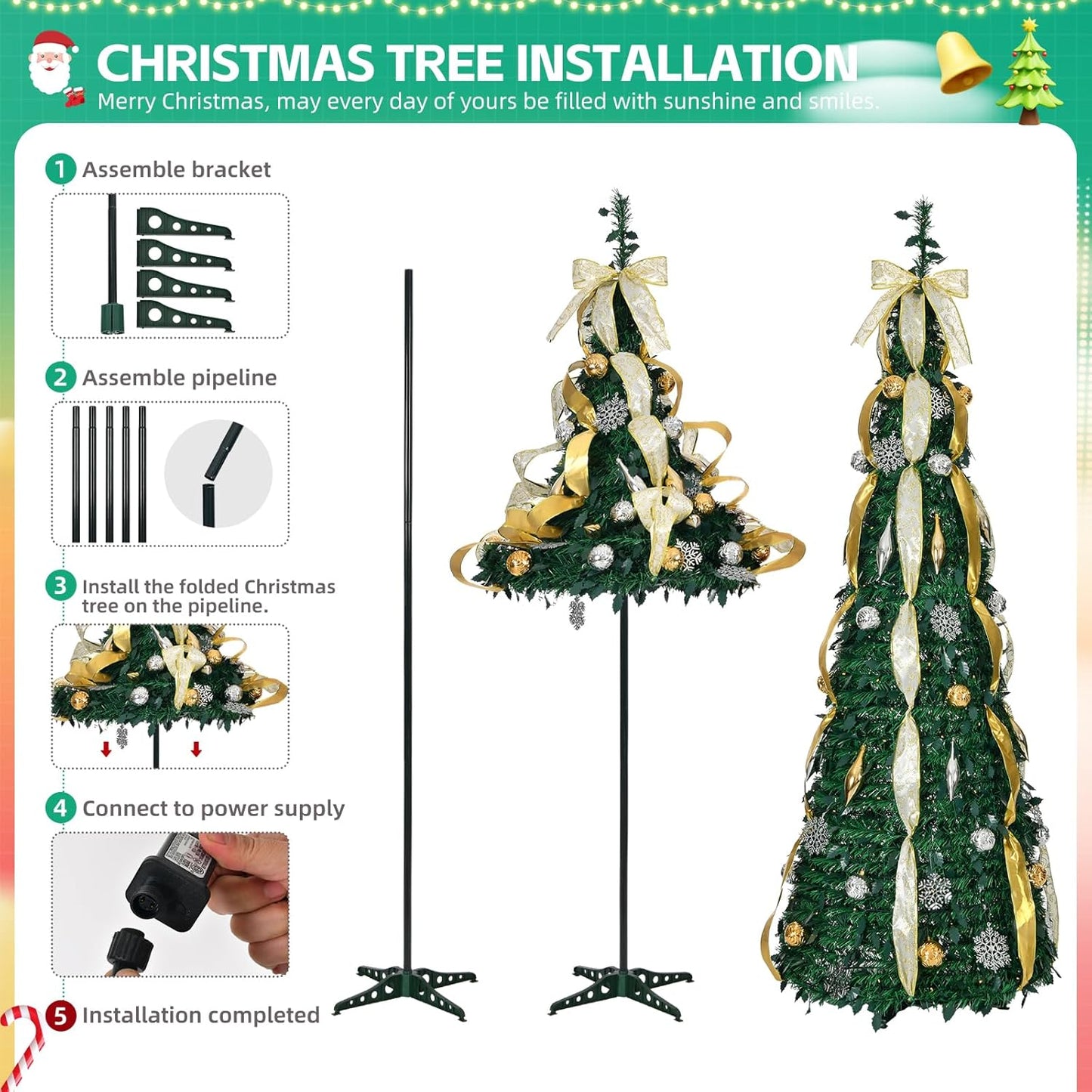 6Ft Fully Decorated Pull-Up Christmas Tree Ornaments, Gold Ribbon, Snow Flower, Easy Assemble Collapsible Xmas Trees Holiday Party Decor