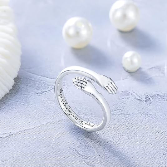 LOVECOM S925 Sterling Silver Hug Rings for Women Adjustable Hugging Hands Open Ring for Men Promise Rings Jewelry Birthday Mothers Day Gifts for Dad Mom Wife Daughters Grandma Best Friend