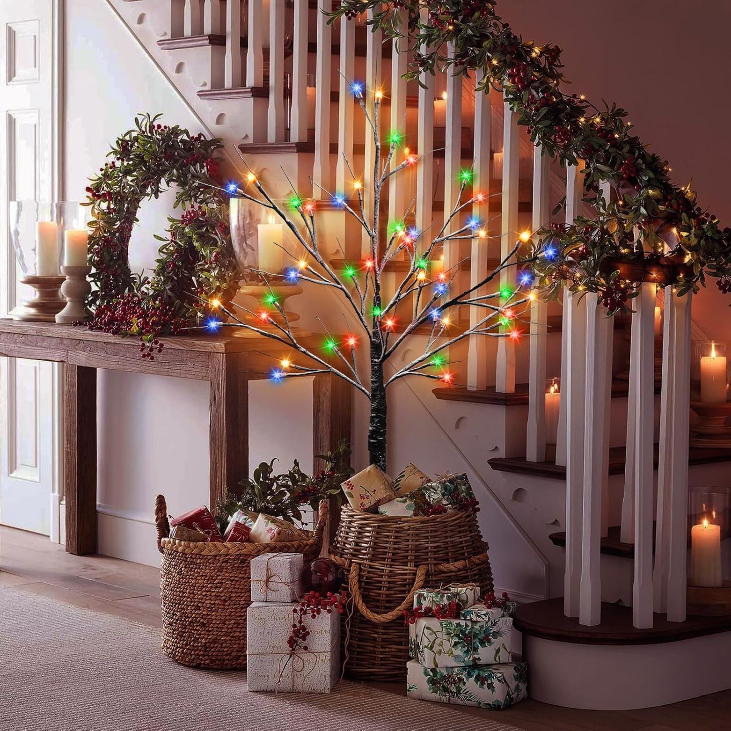4FT Lighted Birch Tree, Black Christmas Tree with 48 LED Multicolor Lights Artificial Frosted Charlie Brown Christmas Birch Tree for Indoor Outdoor Home Party Christmas Decorations