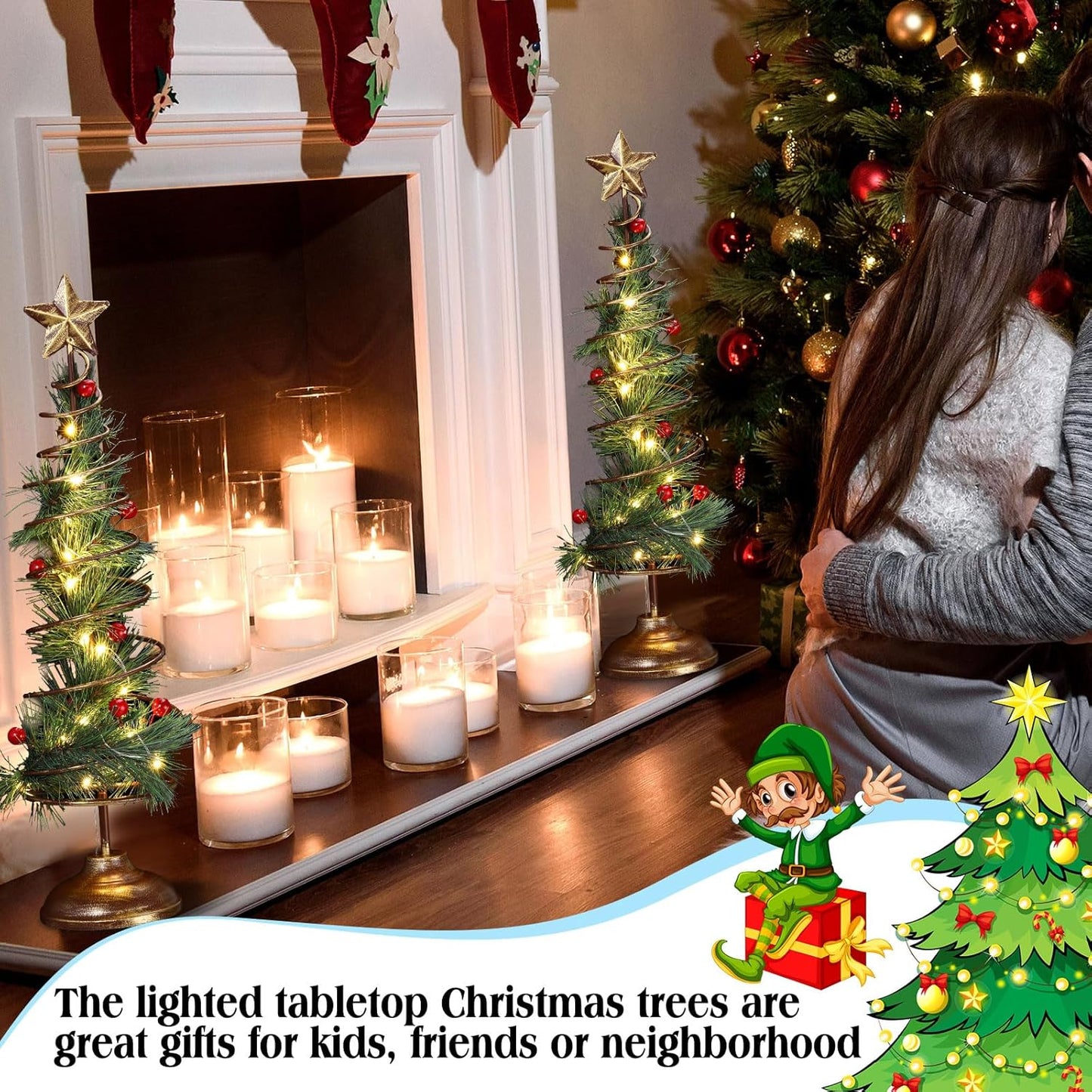 Set of 2 Lighted Christmas Tree Table Decoration with Golden Star Spiral Battery Operated Tabletop Prelit Mini Xmas Tree with LED Light up Desk Ornament for Home Mantel Room (Natural Style)