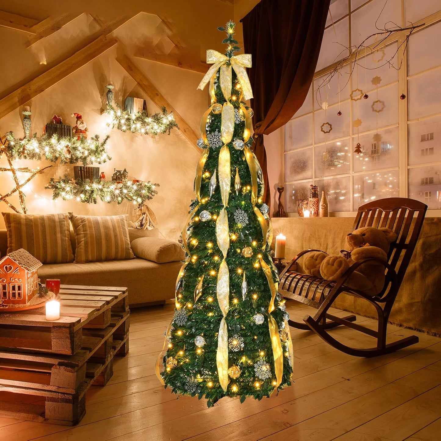 6Ft Fully Decorated Pull-Up Christmas Tree Ornaments, Gold Ribbon, Snow Flower, Easy Assemble Collapsible Xmas Trees Holiday Party Decor