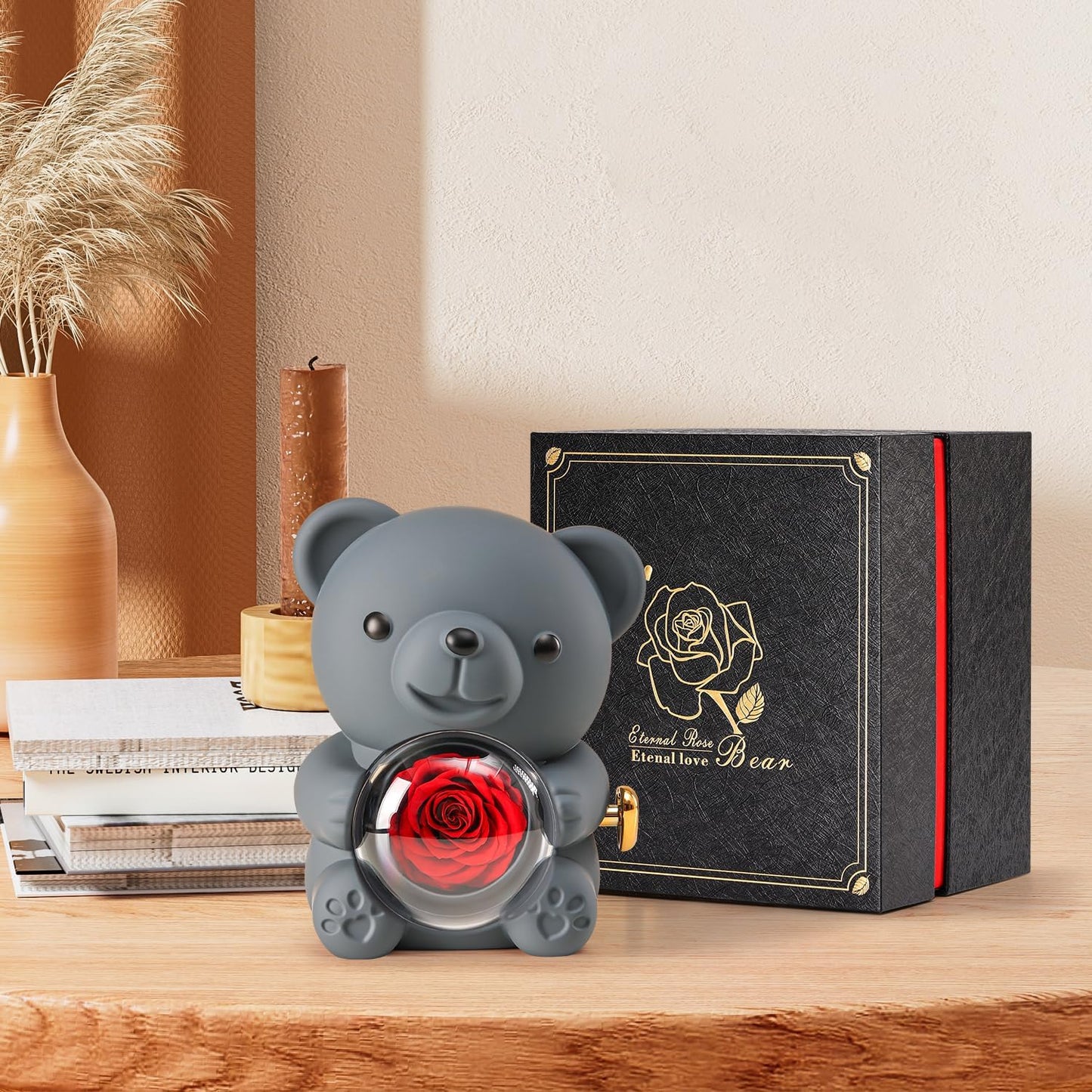 Cute Teddy Bear with Preserved Rose - A Real Rose Flower in Bear with Elegant Gift Box - Romantic Gift for Her in Valentine's Day, Mother's Day, Weddings, Anniversaries, and Bridal Showers (Grey)