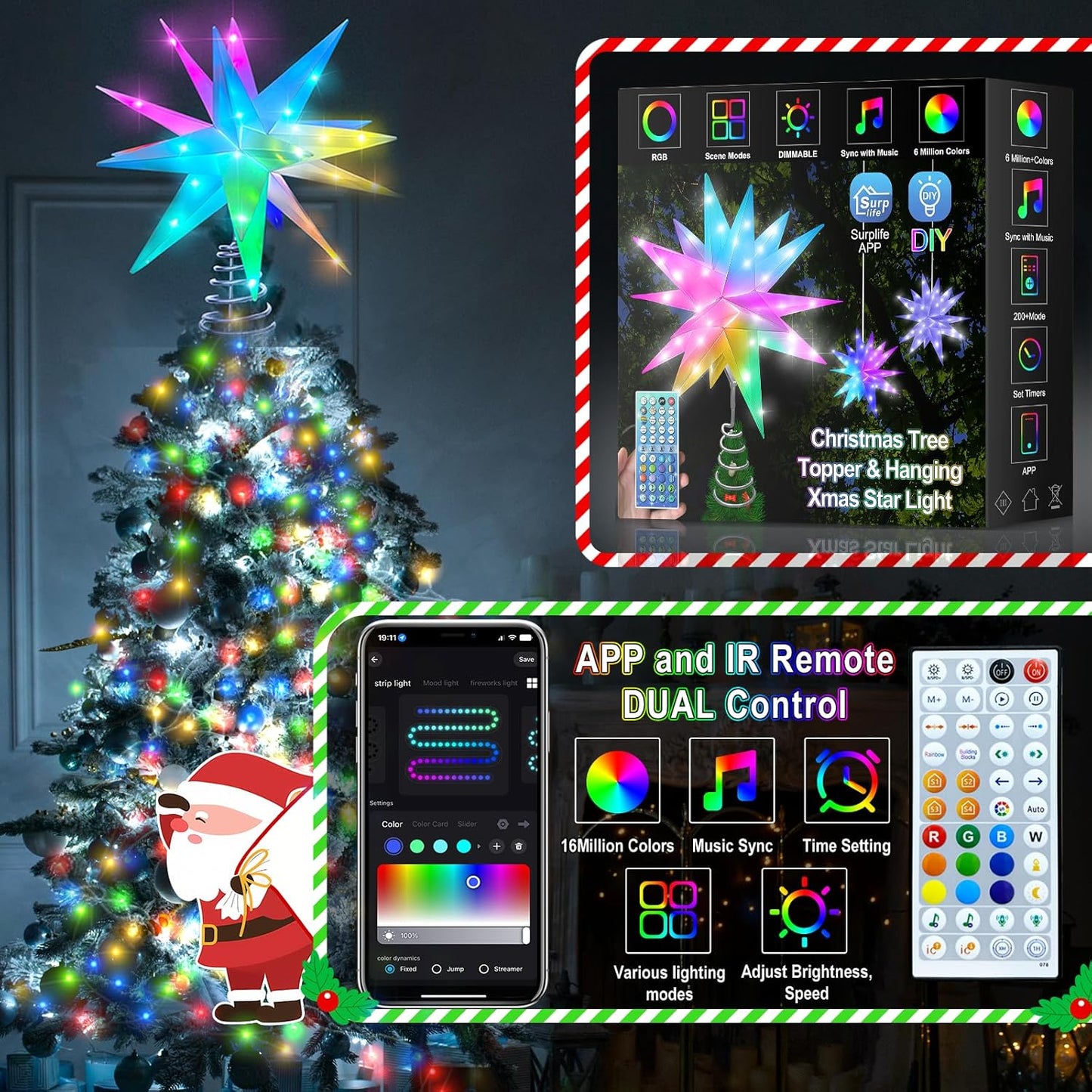 Christmas Star Tree Topper, 13Inch Smart Lighted Treetop Christmas Tree Decorations, Bluetooth App Control Music Sync Color Changing LED Christmas Light with Remote, Indoor and Outdoor