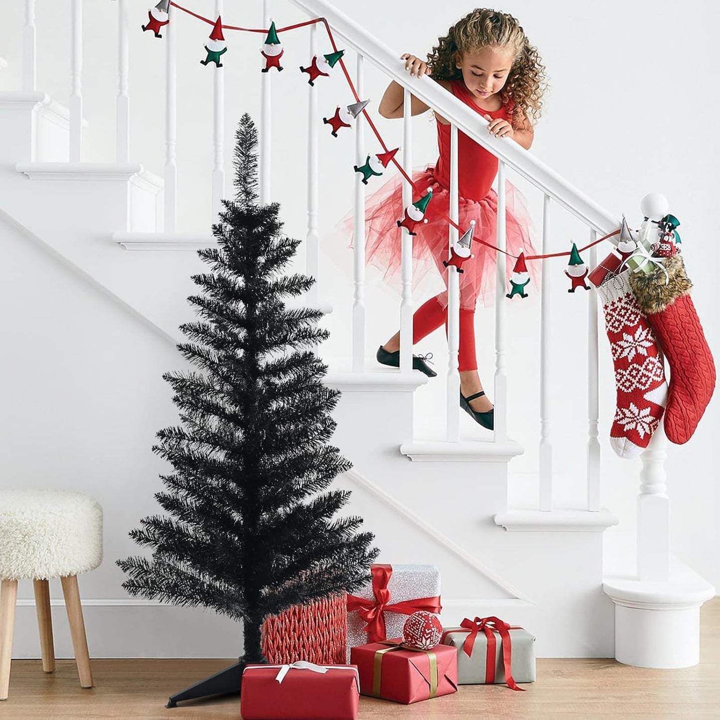 4FT Christmas Tree with Lights Pre-Lit, Halloween Black Christmas Tree, 50 Warm White Lights, Mini Tabletop Christmas Tree for Home, Shops and Holiday Decoration, Black Tinsel