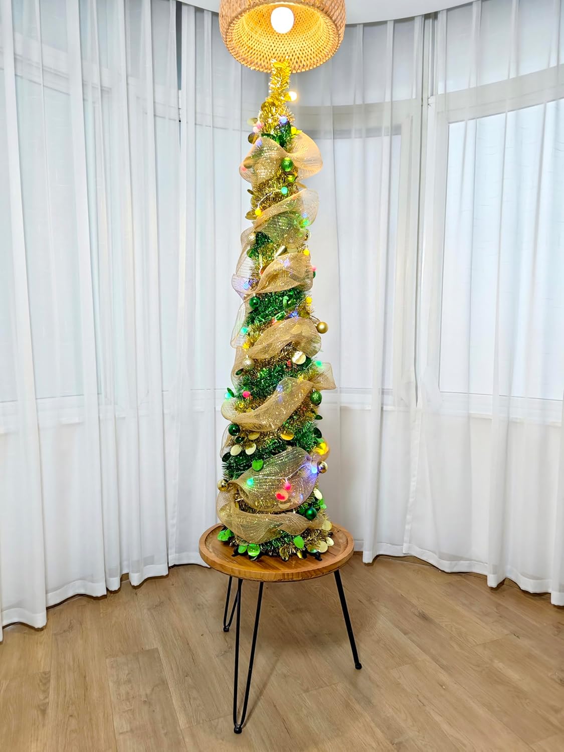 5FT Pop-Up Christmas Tree with 10-inch X 1.6 Feet Metallic Mesh Ribbon, Multi-Color 50 LED String Lights,10 Decorative Balls for DIY, Ideal for Indoor/Outdoor Christmas Decoration