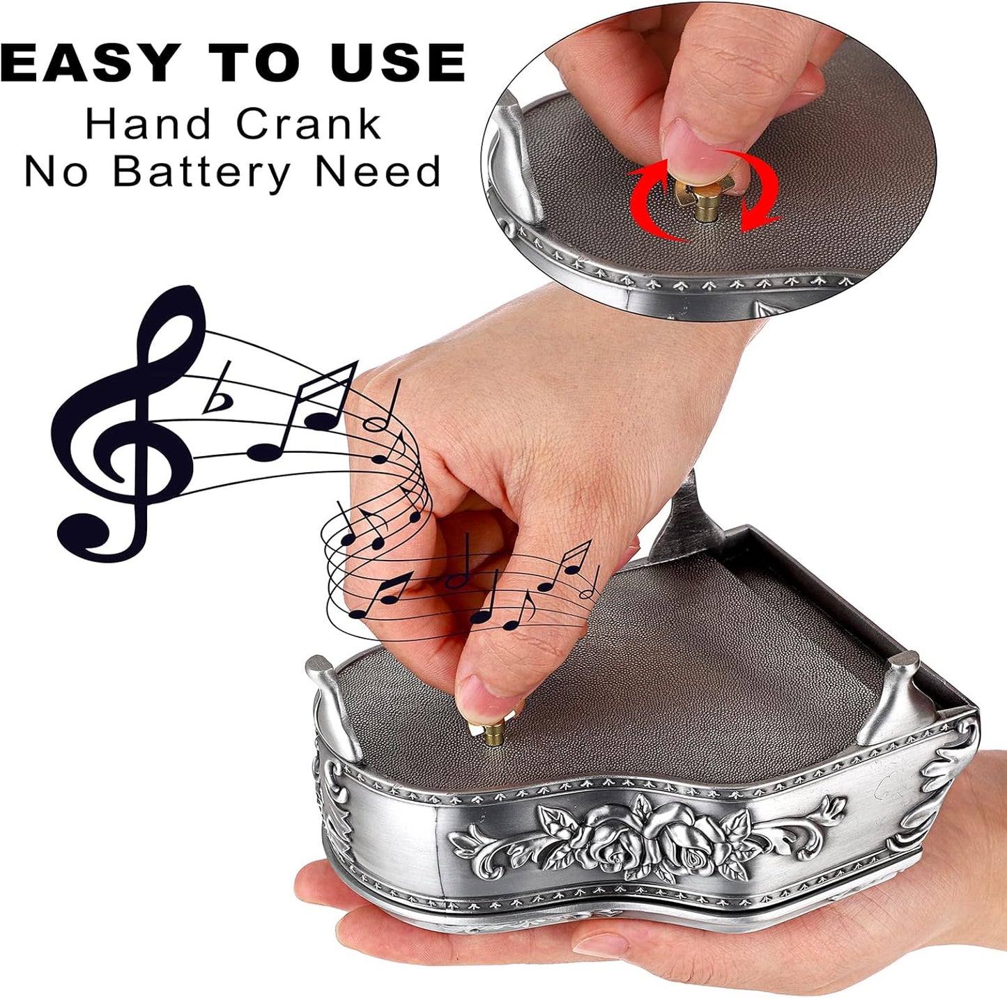 ELLDOO Vintage Piano Music Box, Silver Metal Wind Up Musical Jewelry Box Keepsake Box, Small Trinket Jewelry Storage Box Gift for Girl Women (Tune: You are My Sunshine)