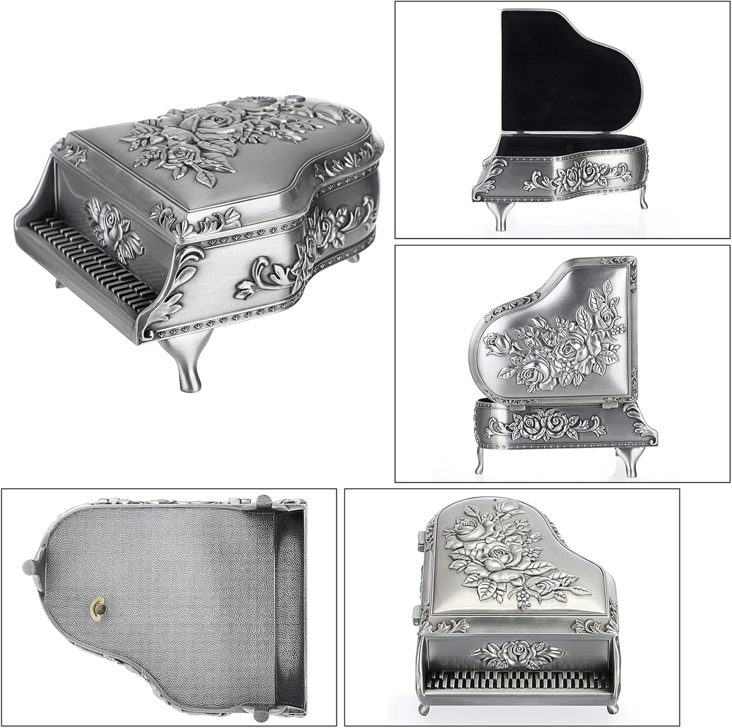 ELLDOO Vintage Piano Music Box, Silver Metal Wind Up Musical Jewelry Box Keepsake Box, Small Trinket Jewelry Storage Box Gift for Girl Women (Tune: You are My Sunshine)