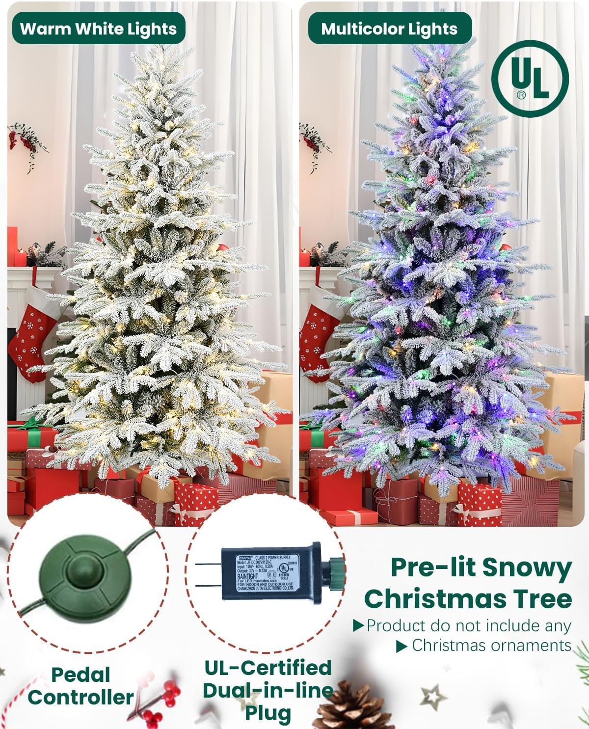 Artificial Christmas Tree with Lights - Leheyhey 6ft Flocked Christmas Tree Prelit - Halloween Christmas Tree for Home Office Store, Holiday Decoration - 1582 PE & PVC Mixed Branch Tips
