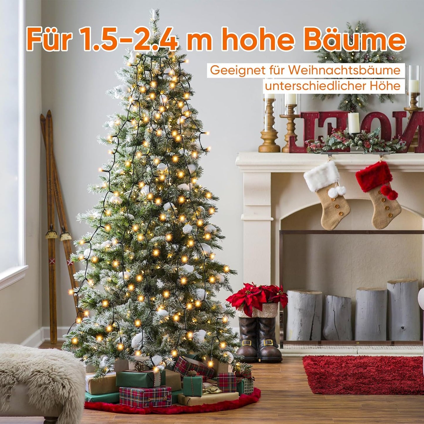 SALCAR 2 m Christmas tree lights with ring and 8 garlands, 280 LED lights, fairy lights for 150 cm, 180 cm, 210 cm, 240 cm, warm white