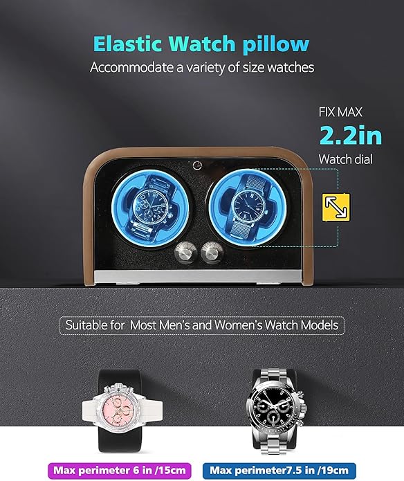 Watch Winder for Automatic Watches,Watch Winders Box for Rolex,Double Japanese Silent Motor, 4 Rotation Mode Setting, Blue Light, Plug-in or 2 * AA Batteries (not Included), Retro Style, Gift for Man
