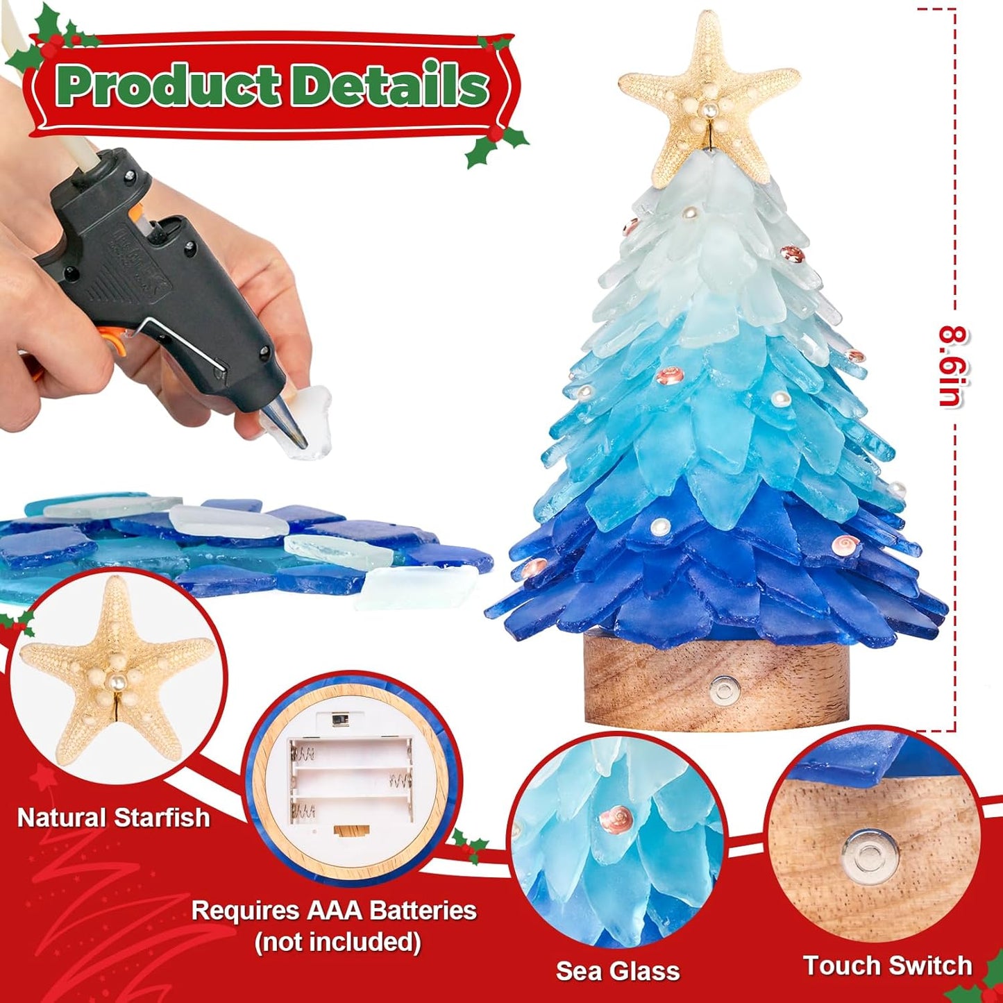 Sea Glass Christmas Tree - Handcrafted Mini Christmas Tree with LED Lights, Blue Gradient Color, Ideal for Christmas, New Year, Coastal Holiday Decor, Versatile Home Decor