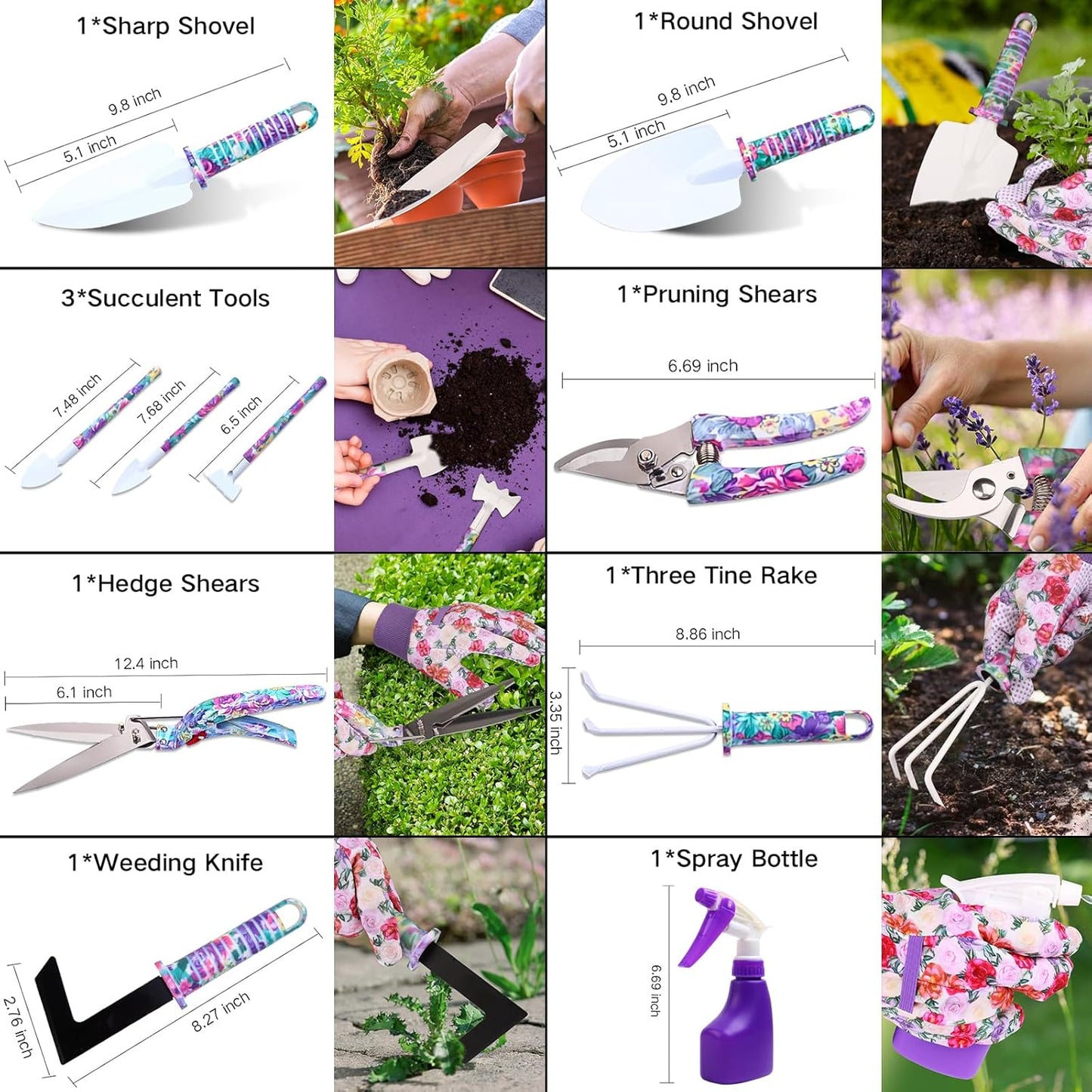 Garden Tools Set, JUMPHIGH 10 Pieces Gardening Tools with Purple Floral Print, Ergonomic Handle Trowel Rake Weeder Pruner Shears Sprayer, Garden Hand Tools with Carrying Case Gardening Gifts for Women