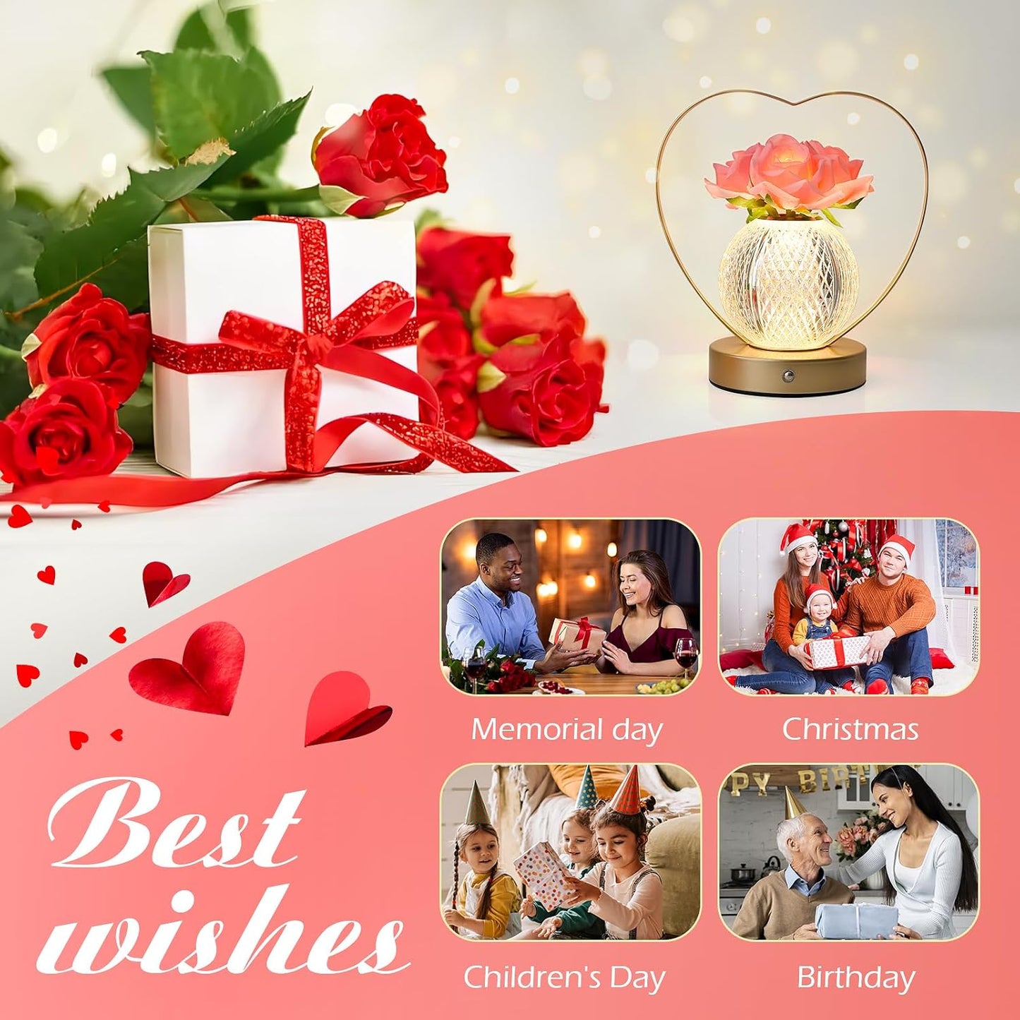 Birthday Gifts for Women,Roses Flower Rechargeable Cordless LED Touch Table Lamp,3-Colour Infinitely Dimming Small Night Light,Valentine Day,Mothers Day,Xmas Gifts for Mom Girlfriend Wife Grandma