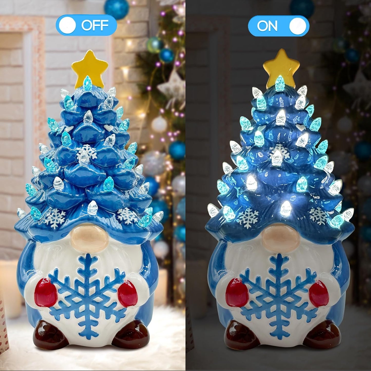 Ceramic Christmas Tree, Christmas Decorations for Indoor Home Table, Blue Gnome Christmas Decorations, Small Christmas Tree with Lights, Ceramic Winter Holidays Decor