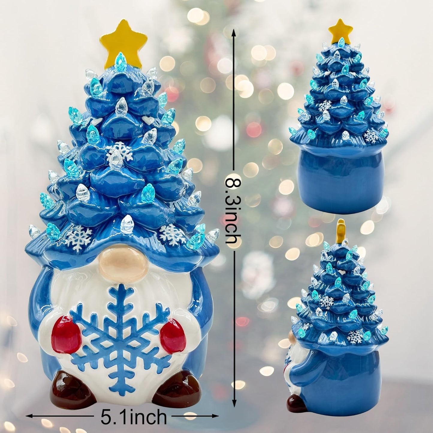 Ceramic Christmas Tree, Christmas Decorations for Indoor Home Table, Blue Gnome Christmas Decorations, Small Christmas Tree with Lights, Ceramic Winter Holidays Decor