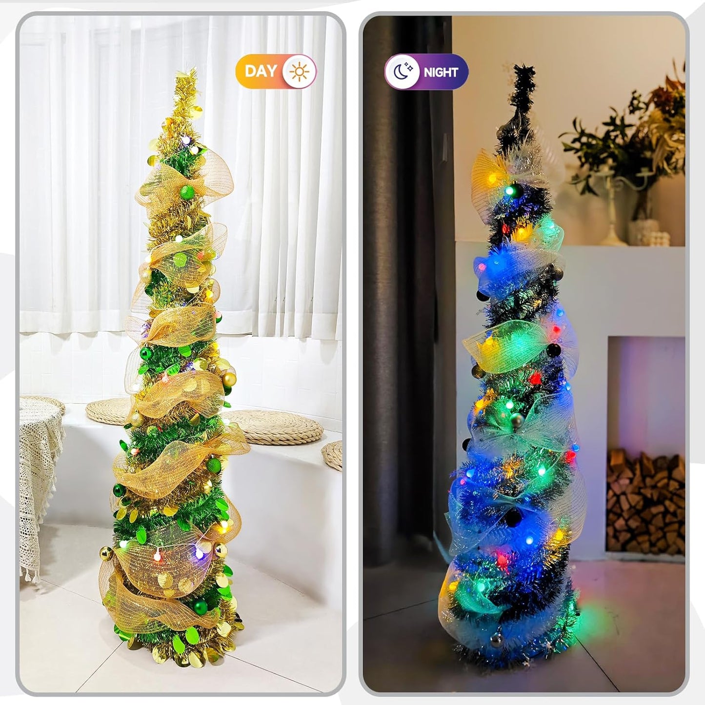 5FT Pop-Up Christmas Tree with 10-inch X 1.6 Feet Metallic Mesh Ribbon, Multi-Color 50 LED String Lights,10 Decorative Balls for DIY, Ideal for Indoor/Outdoor Christmas Decoration