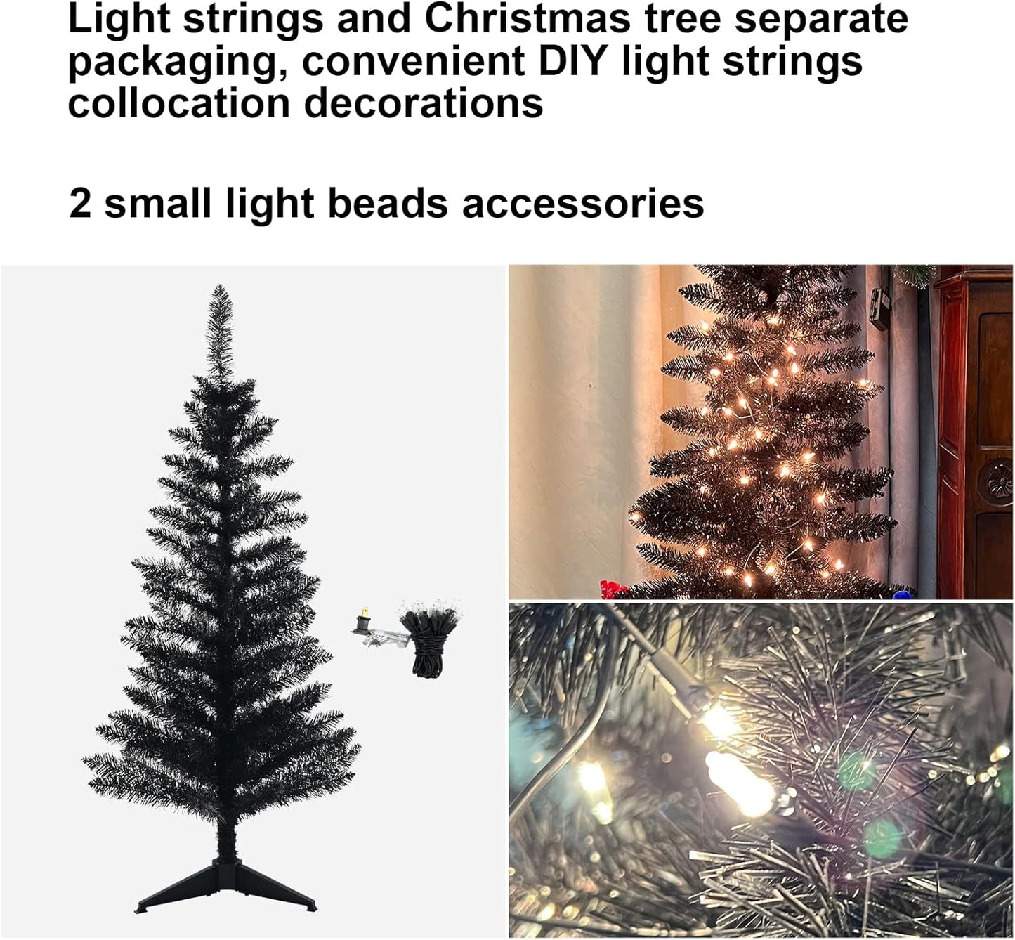 4FT Christmas Tree with Lights Pre-Lit, Halloween Black Christmas Tree, 50 Warm White Lights, Mini Tabletop Christmas Tree for Home, Shops and Holiday Decoration, Black Tinsel