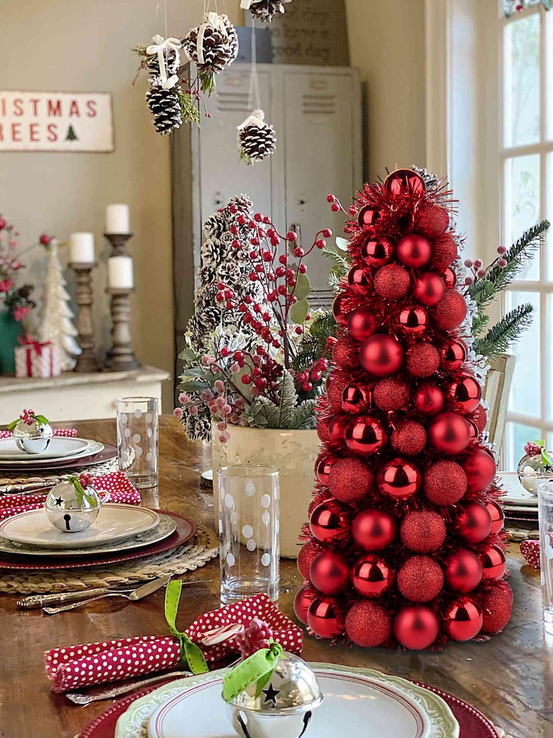 16" Small Tabletop Christmas Tree, Mini Xmas Tree with 94 Shatterproof Christmas Ornaments Balls for Christmas Decor Holiday Party Wedding Centerpiece -Red