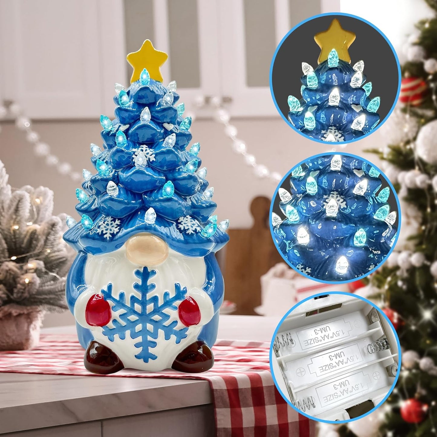 Ceramic Christmas Tree, Christmas Decorations for Indoor Home Table, Blue Gnome Christmas Decorations, Small Christmas Tree with Lights, Ceramic Winter Holidays Decor