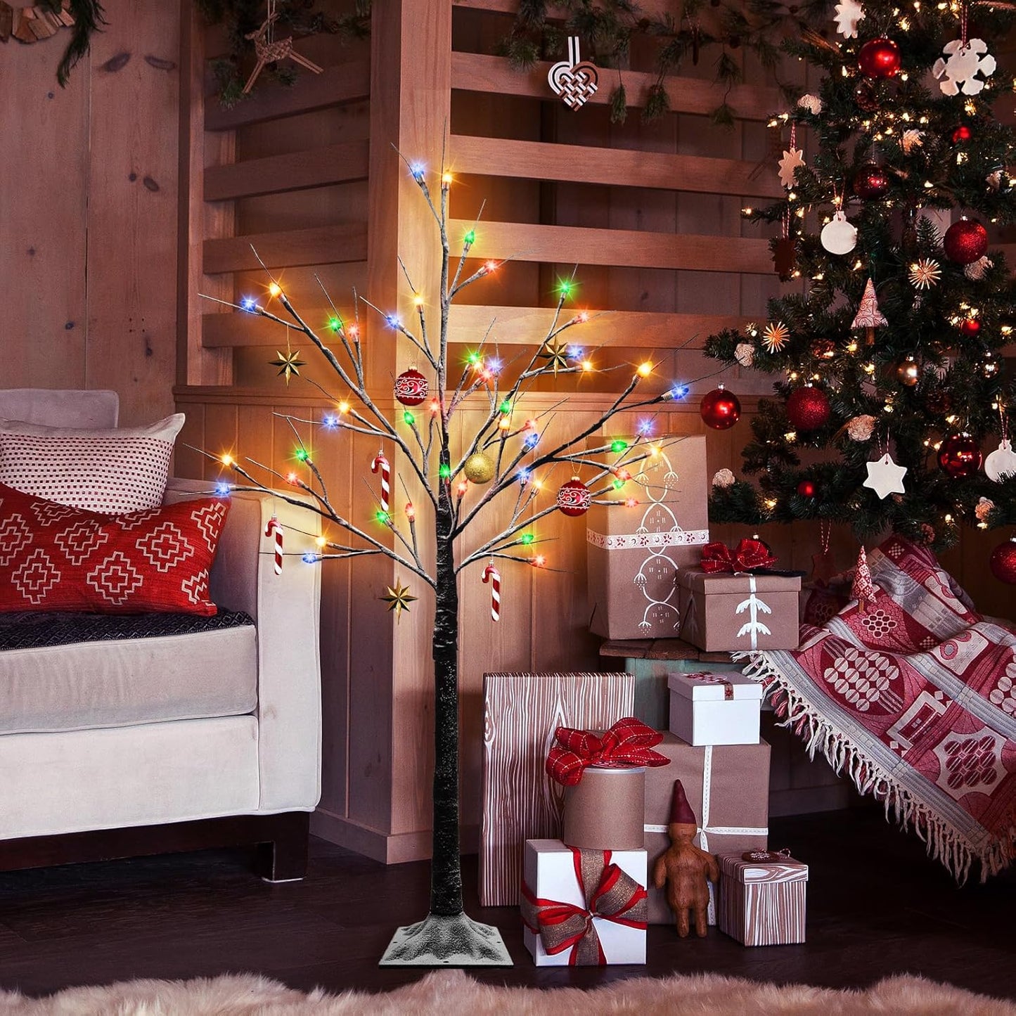 4FT Lighted Birch Tree, Black Christmas Tree with 48 LED Multicolor Lights Artificial Frosted Charlie Brown Christmas Birch Tree for Indoor Outdoor Home Party Christmas Decorations