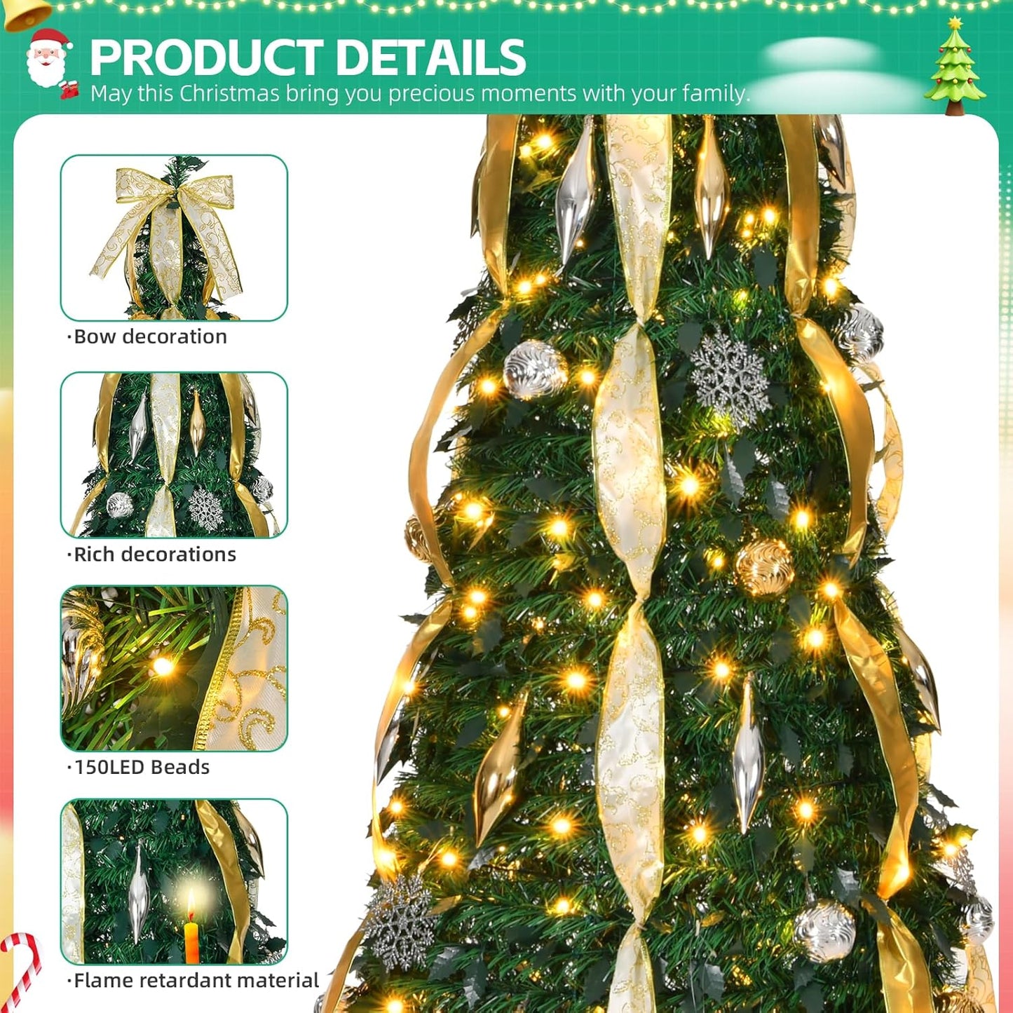 6Ft Fully Decorated Pull-Up Christmas Tree Ornaments, Gold Ribbon, Snow Flower, Easy Assemble Collapsible Xmas Trees Holiday Party Decor