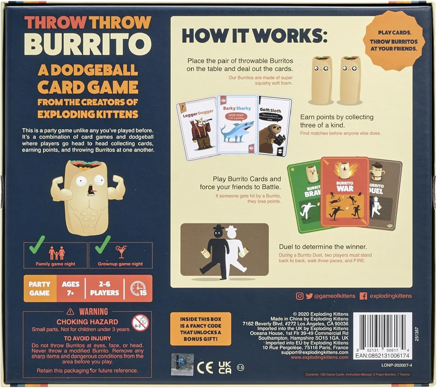 Exploding Kittens Presents Throw Throw Burrito - A Dodgeball Card Game - Family Card Games for Adults, Teens & Kids - 2-6 Players - Ages 7 and Up - 120 Cards
