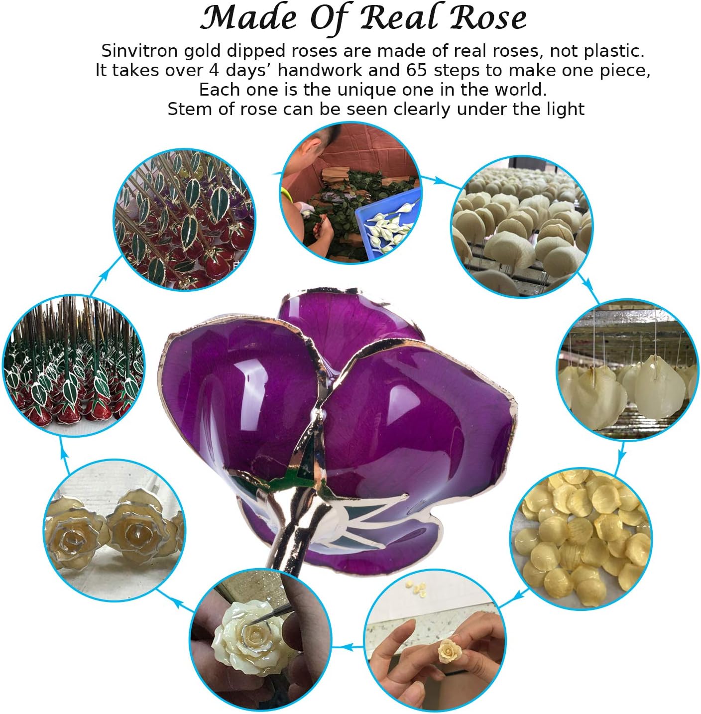 Sinvitron Gold Dipped Rose 24K Real Rose, Long Stem Gold Plated Rose with Stand, Valentines Day Gifts for Her,Gifts for Mom,24K Golden Rose for Anniversary and Mothers Day, Birthday (Purple)