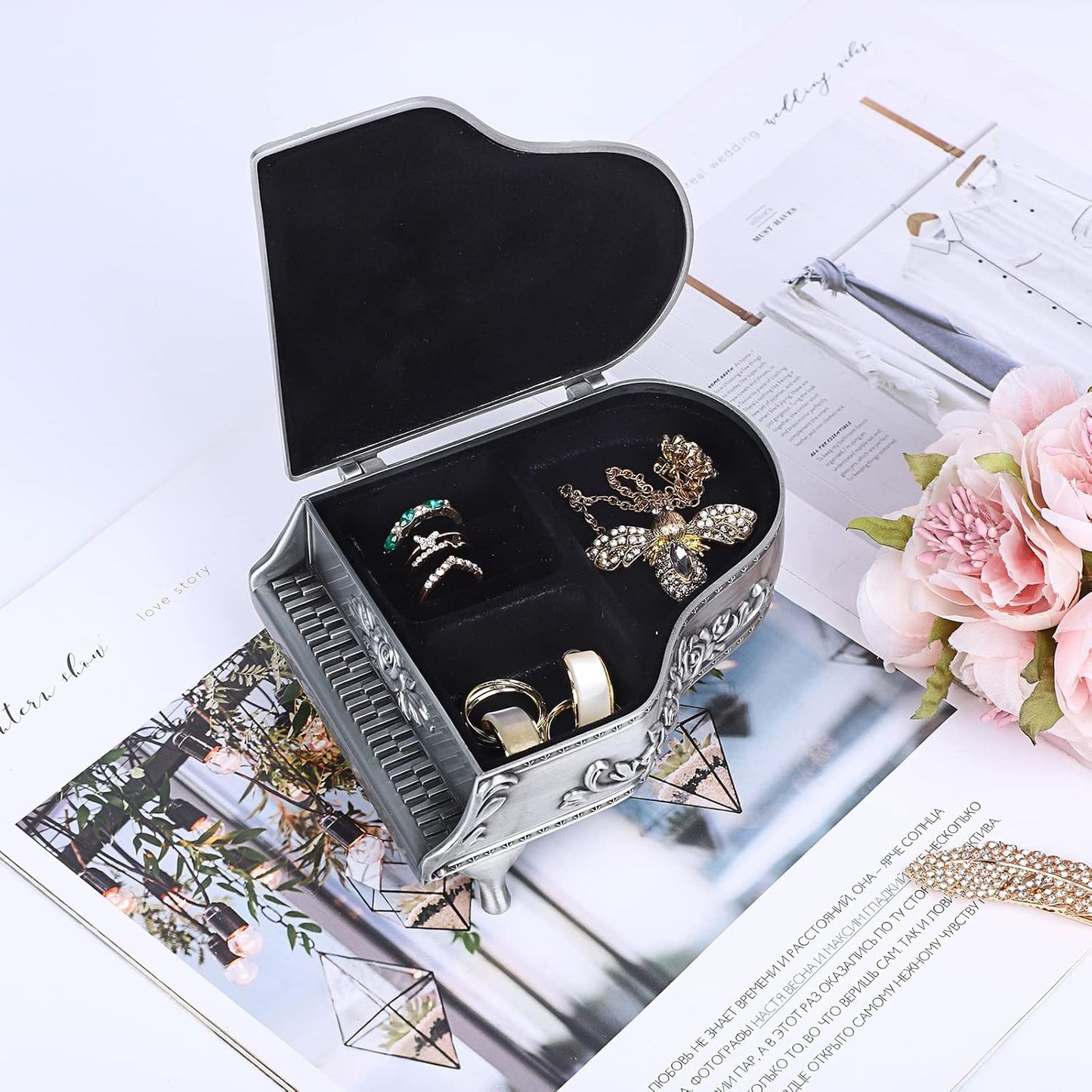 ELLDOO Vintage Piano Music Box, Silver Metal Wind Up Musical Jewelry Box Keepsake Box, Small Trinket Jewelry Storage Box Gift for Girl Women (Tune: You are My Sunshine)