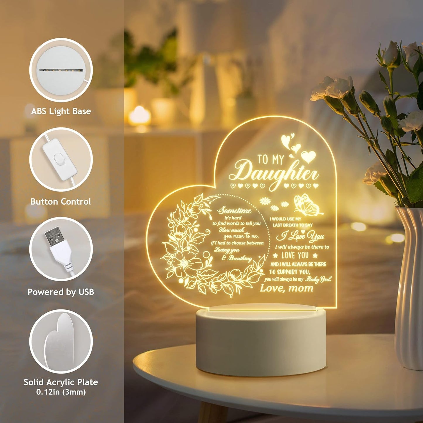 Christmas Gifts for Daughter, Daughter Gifts from Mom, to My Daughter Acrylic Night Lamp, Ideal Christmas Mother's Day Graduation Wedding Valentines Gifts for Daughter from Mothers