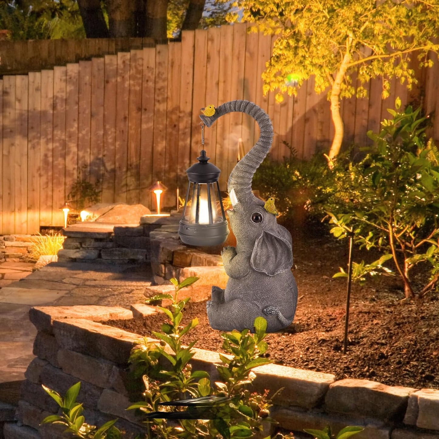 Solar Outdoor Garden Statues Lights, Mom Gifts Birthday Gifts for Women, Lucky Elephant Unique Housewarming Gifts and Yard Decoration, Elephant Figurines with Cute Birds Garden Sculpture Decor