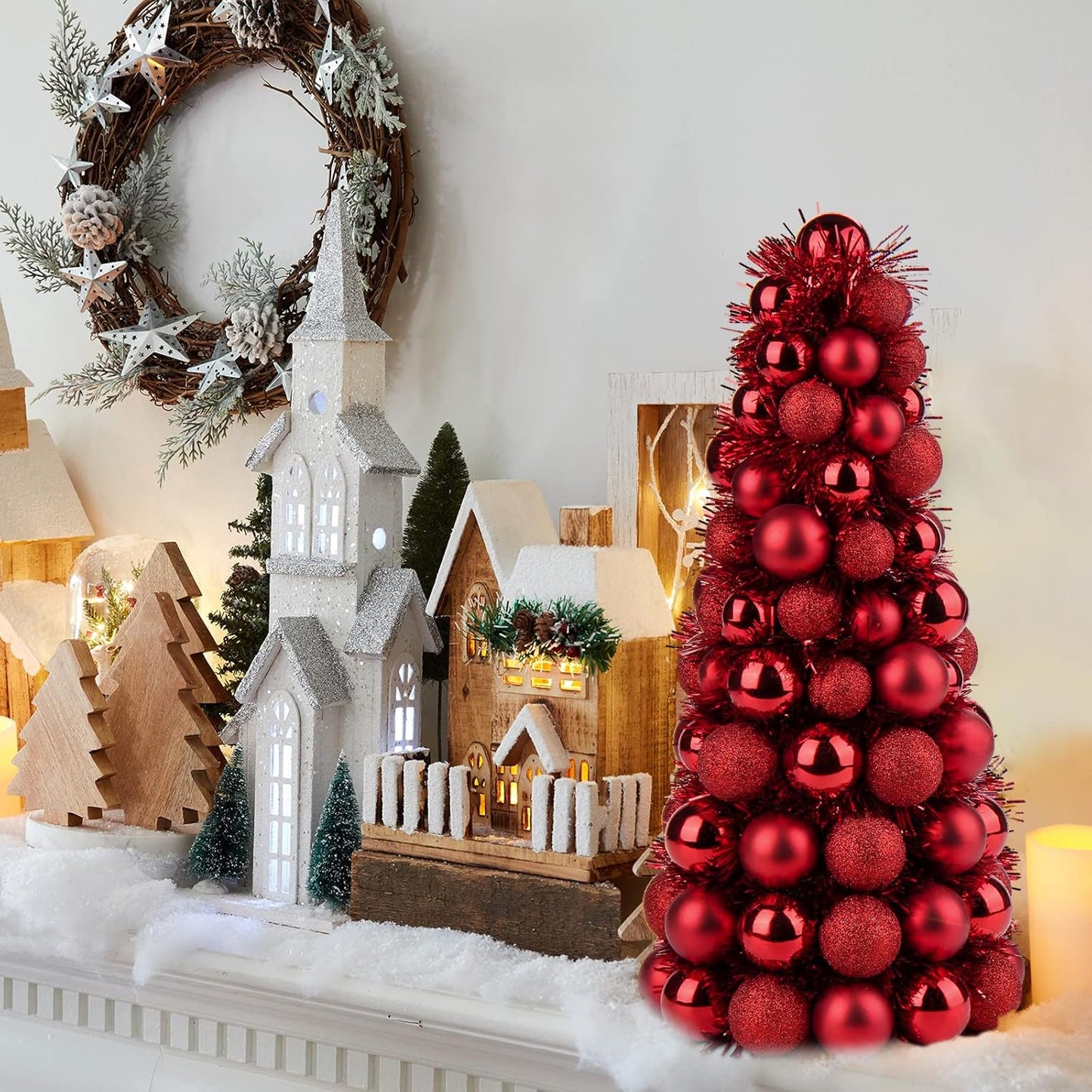 16" Small Tabletop Christmas Tree, Mini Xmas Tree with 94 Shatterproof Christmas Ornaments Balls for Christmas Decor Holiday Party Wedding Centerpiece -Red