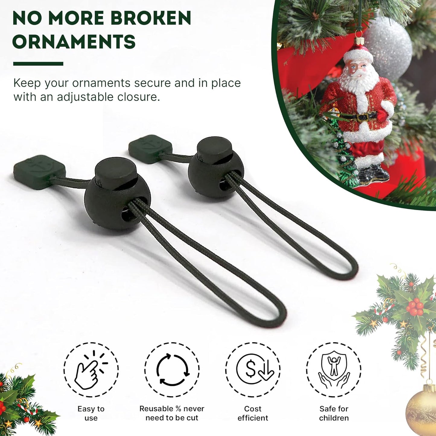 ORNAMENT ANCHOR Ornament Hooks for Hanging Christmas Decorations - No-Slip Hanging Hooks for Xmas - Heavy Duty Christmas Tree Ornaments Hanger Hooks for Small & Large Ornaments (Green, 24 Count)