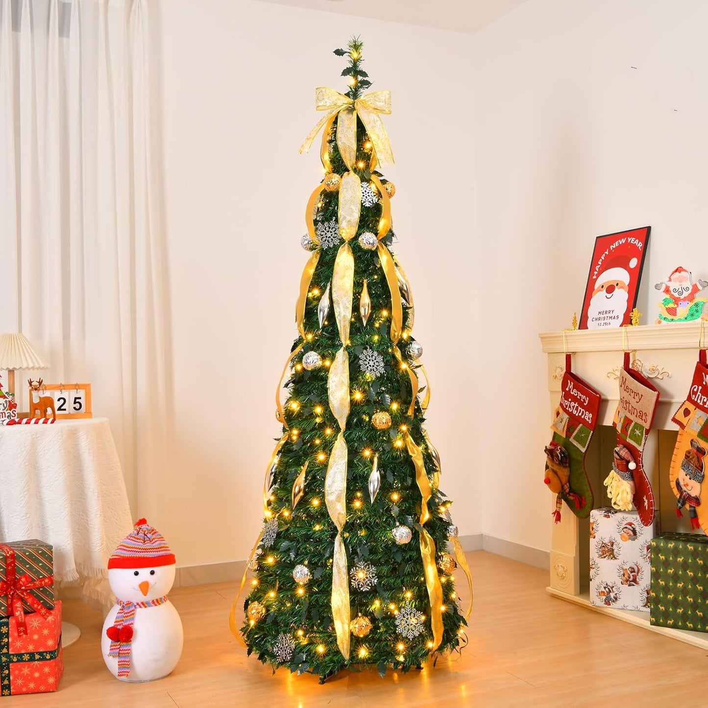 6Ft Fully Decorated Pull-Up Christmas Tree Ornaments, Gold Ribbon, Snow Flower, Easy Assemble Collapsible Xmas Trees Holiday Party Decor